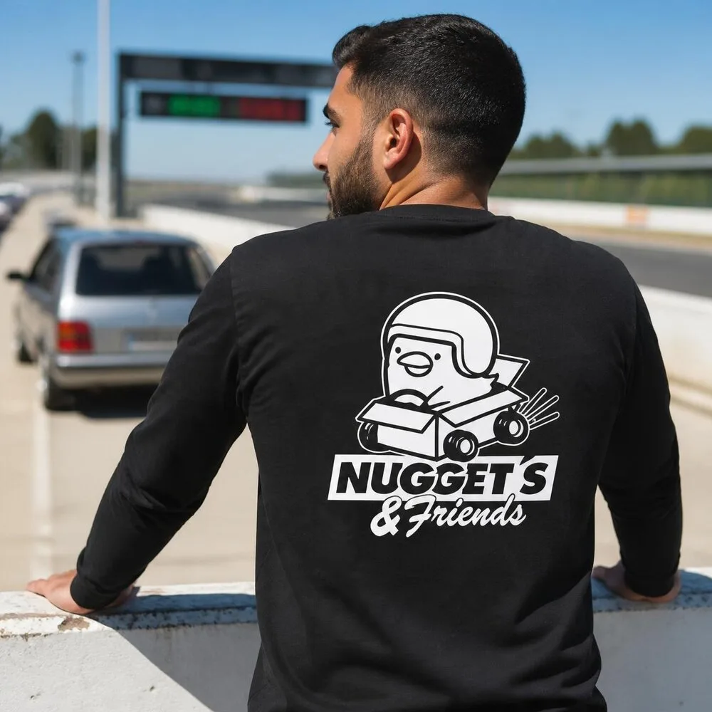 Men's Long Sleeve Tee, back, with the Nuggets and Friends print