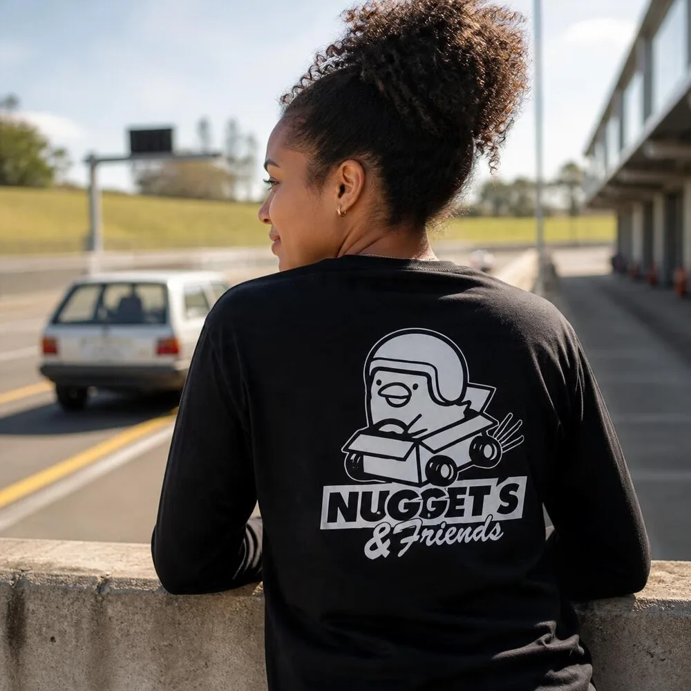 Women's Long Sleeve Tee, back, with the Nuggets and Friends print