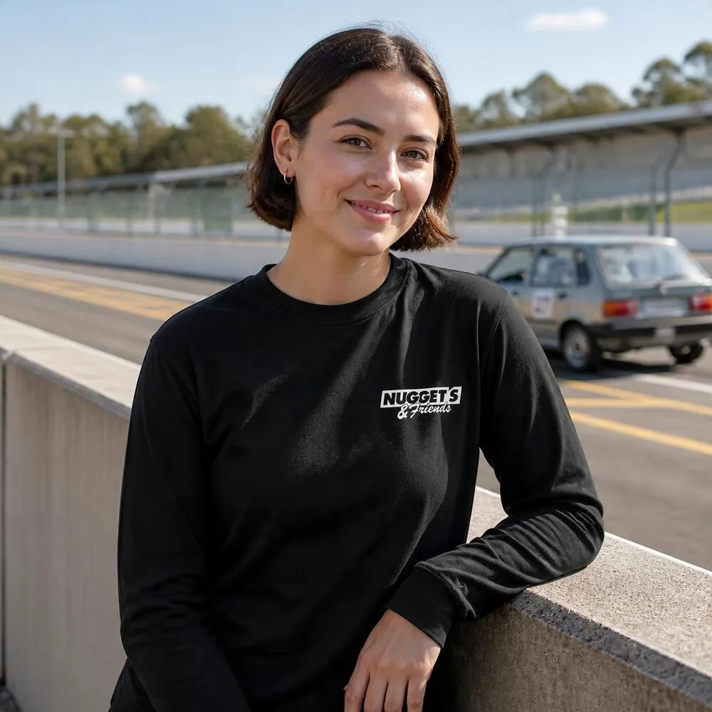 Women's Long Sleeve Tee, front, with the Nuggets and Friends chest logo