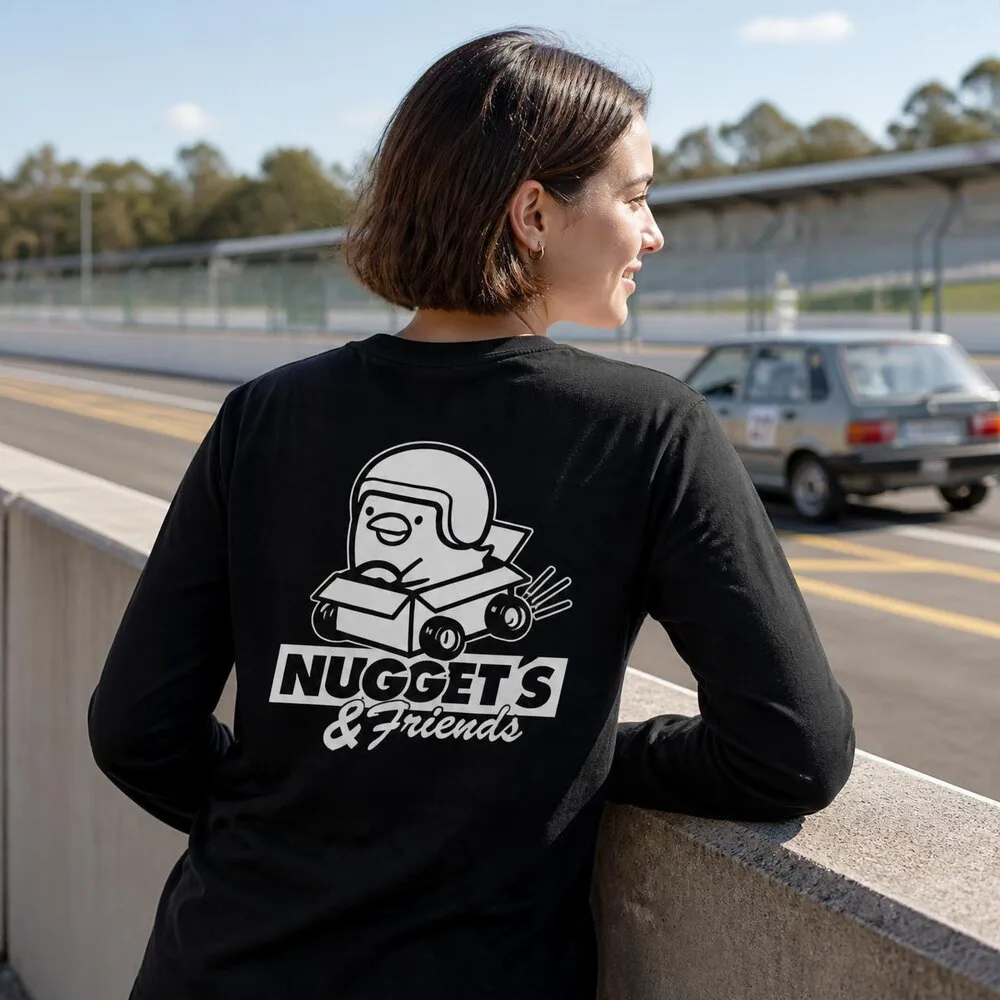 Women's Long Sleeve Tee, back, with the Nuggets and Friends print