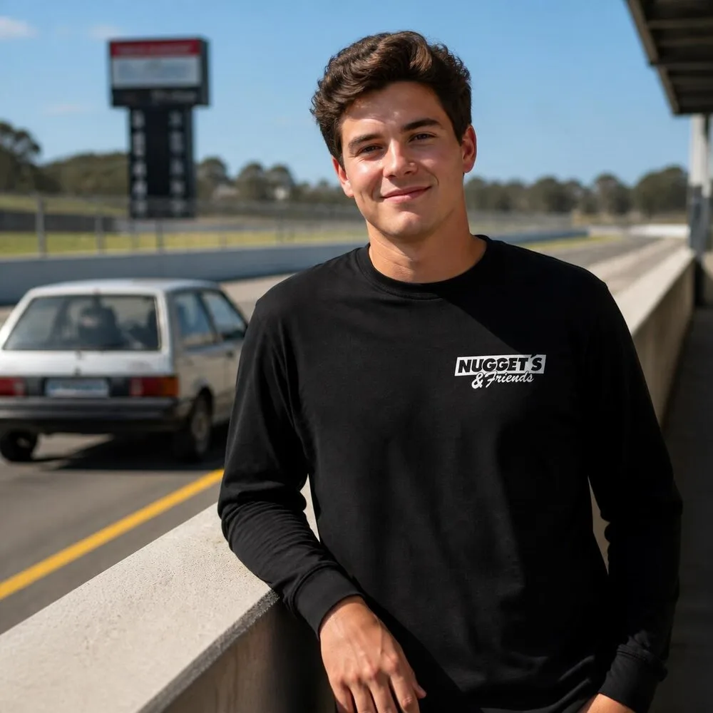 Men's Long Sleeve Tee, front, with the Nuggets and Friends chest logo